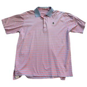 Peter Millar men’s coral light blue striped polo shirt 100% cotton EUC Golf